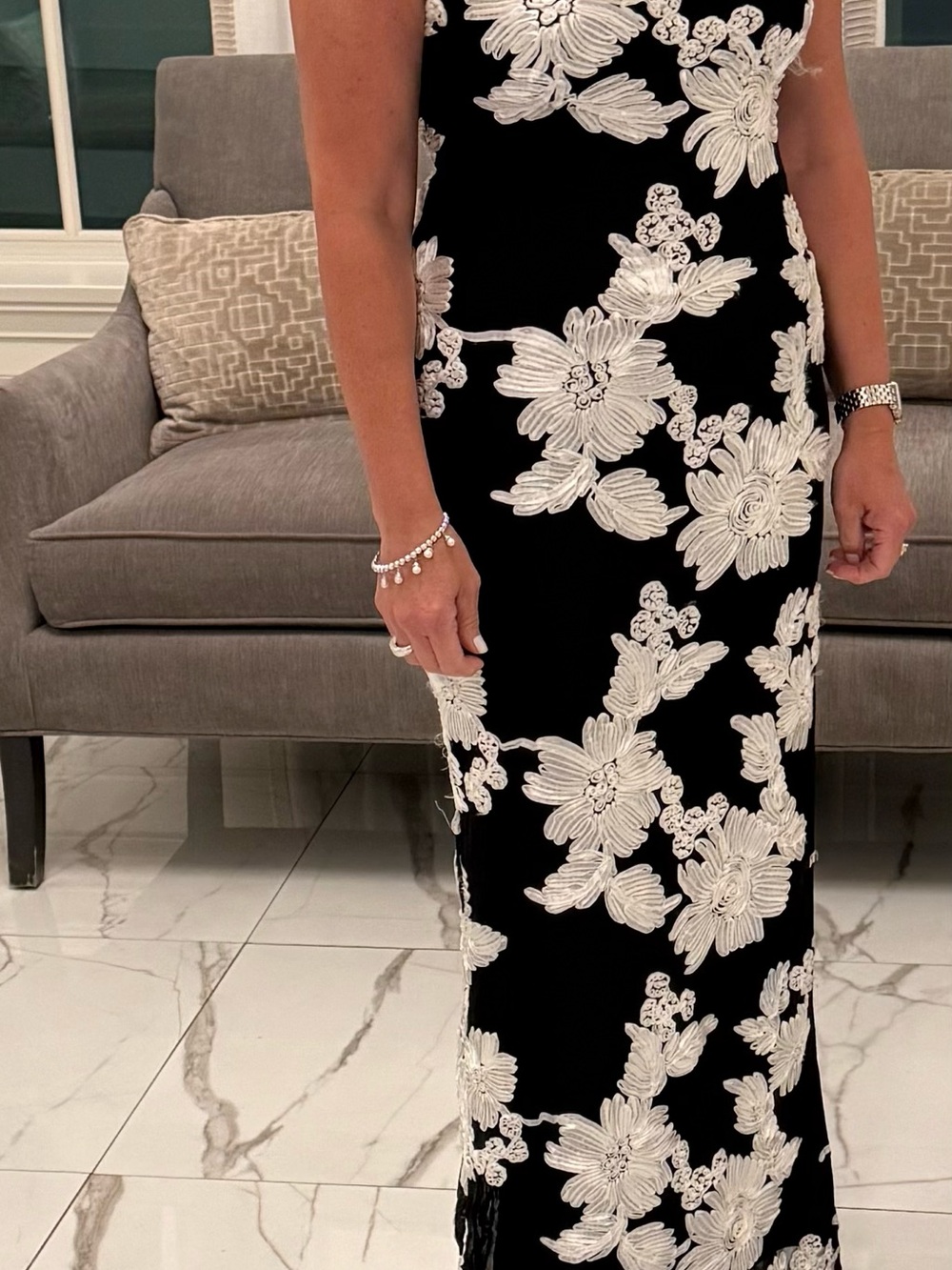 Black Maxi Dress with White Floral Appliqué Embroidery
